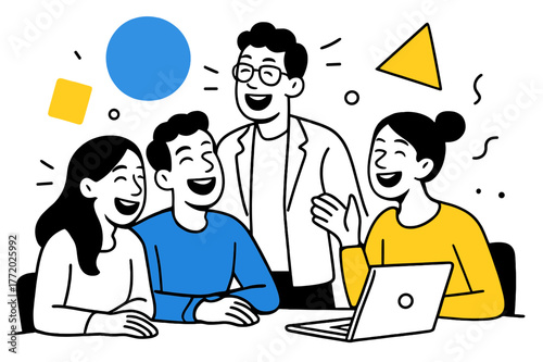Dynamic Team Laughter. Laughing in a Group. Team members laughing during a casual meeting with floating abstract geometric shapes, friendly and lively work