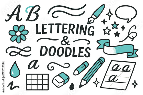 Creative Doodle Elements. // Lettering & doodles. Hand-drawn doodle illustration Lettering & doodles [brush pen (accented), alphabet swash (accented), nib