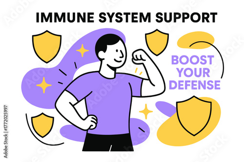 Vitality and Defense. Immune System Support. A figure surrounded by shield shapes flexes lightly; small spark icons radiate ?Vitality.? ?Boost Your Defense?