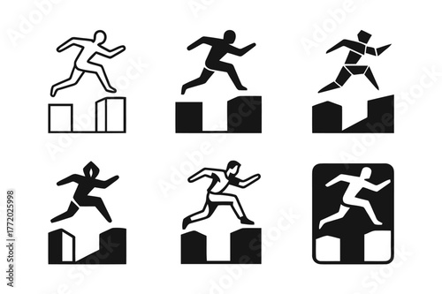 Parkour Logo Variations. Urban parkour. Set Logo of Urban parkour: rooftop leap silhouette. harmonious logo variations of the same emblematic concept, each