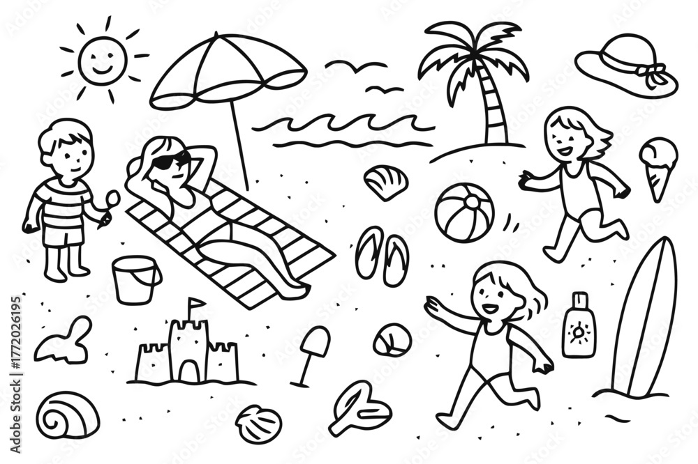 Obraz premium Beach Day Doodles. People enjoying a day at the beach. Hand-drawn doodle illustration people enjoying a day at the beach umbrella, beach towel, sunglasses,