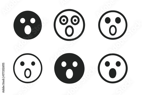 Shocked Emoji Variations. Shocked emoji. Set Logo of Shocked emoji: round face with O-mouth. harmonious logo variations of the same emblematic concept, each