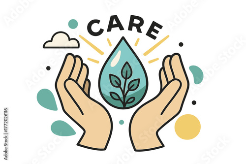 Nurturing Hands. Nurturing Nature. Abstract hands cupping a glowing drop of water; tiny plants emerge within. ?Care? written softly inside curved rays. Modern