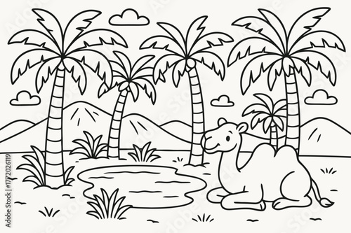 Palm Oasis Coloring Page. Palm oasis in the desert children?s coloring book illustration, outlined drawing, palm trees surrounding a small pond with a camel