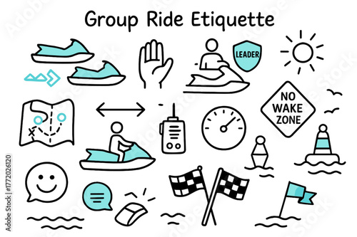 Group Ride Icons. // Group ride etiquette. Hand-drawn doodle illustration Group ride etiquette [formation icons (accented), hand signal (accented), distance