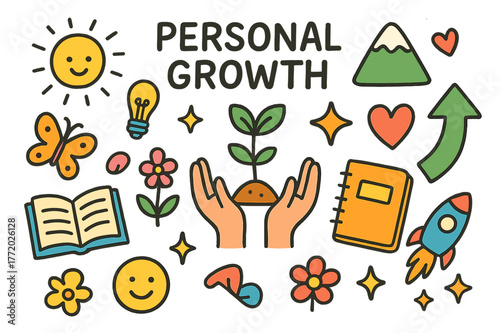 Personal Growth Doodles. Personal growth. Colorful Hand-drawn doodle Children illustration Personal growth plant sprout, book, light bulb, mountain, heart,