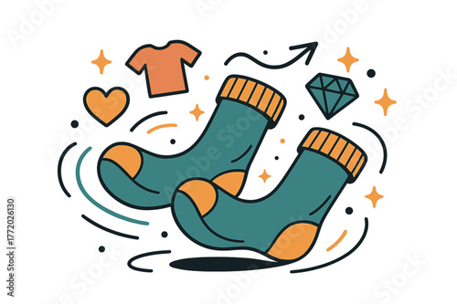 Stylish Socks Scene. Socks. Pair of socks rolling on floor with abstract floating icons, lines, and sparkles; emphasizes casual lifestyle, comfort, and