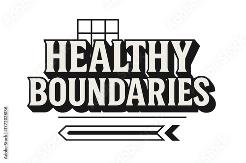 Geometric Typography Design. Healthy Boundaries ? bold block geometric lettering; thick uppercase with geometric serifs, heavy outer outline, strong cast