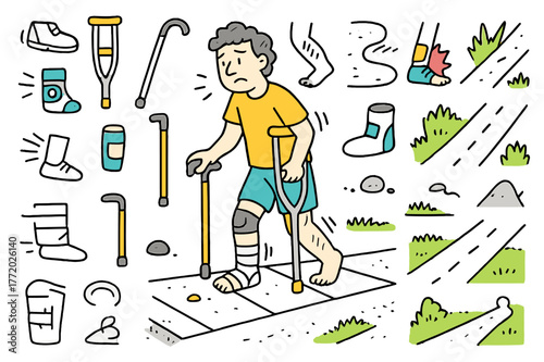Hobbled Steps Illustration. Hobbled step. Hand-drawn doodle illustration person walking (colored), uneven stride (colored), crutch (colored), cane (colored),