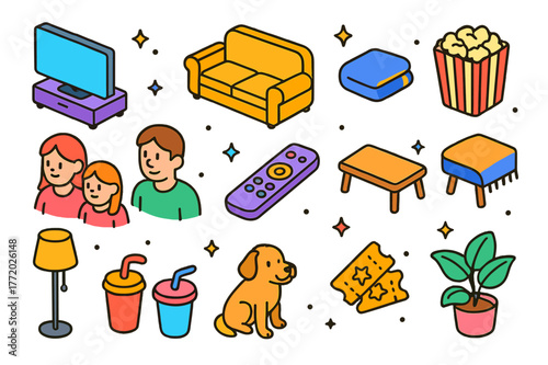 Cozy Movie Icons. Cozy movie night. Colorful isometric vector icons set of cozy movie night: TV, sofa, popcorn, family members, remote control, blanket, coffee