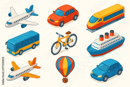 Colorful Travel Icons. travel icons. Colorful isometric vector icons set of travel icons: airplanes, cars, trains, buses, bicycles, ships, hot air balloons