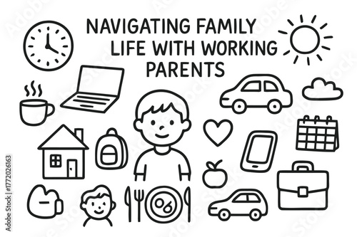 Working Family Juggle. Navigating family life with working parents. Hand-drawn doodle illustration Navigating family life with working parents clock, laptop,
