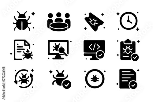 Bug Lifecycle Icons. Bug lifecycle. Solid icons set of bug lifecycle: new bug, triage meeting, assigned ticket, in progress, repro steps attached, developer
