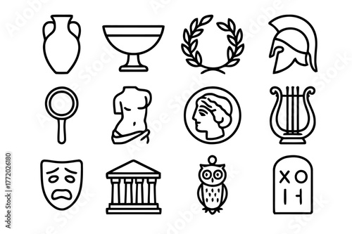 Greek Relics Icons. Greek relics. Line icon set of Greek relics: amphora, kylix, laurel wreath, hoplite helmet, bronze mirror, statue fragment, drachma coin,