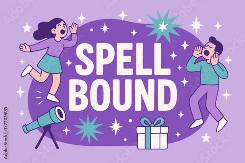 Spellbound Celebration Scene. Spellbound banner, flat vector illustration, bold oversized text inside rounded blob, cartoon characters shouting and dancing,
