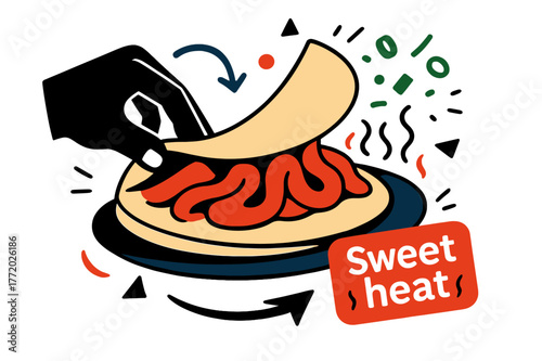 Gochujang Quesadilla Delight. Gochujang quesadillas. A tortilla lifts to reveal molten red-orange folds; ?Sweet heat? tag sizzles. Scallions and sesame rain