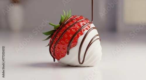 A ripe strawberry half-dipped in white chocolate, drizzled with dark chocolate