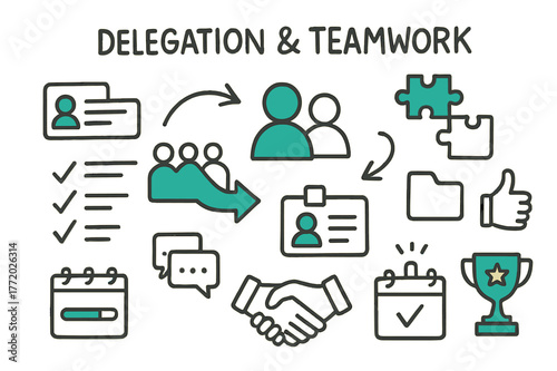 Teamwork Doodle Icons. // Delegation & teamwork. Hand-drawn doodle illustration Delegation & teamwork [handoff arrows (accented), group avatars (accented),