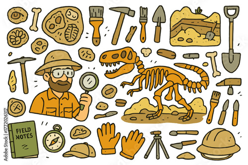 Prehistoric Discovery Tools. Prehistoric discovery. Hand-drawn doodle illustration paleontologist (colored), dinosaur skeleton (colored), fossils (colored),