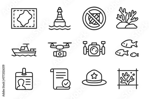 Marine Protection Icons. Marine Protected Areas. Line icon set of Marine Protected Areas: protected zone map, boundary buoy, no trawl sign, reef icon, patrol