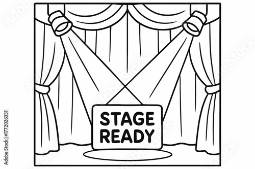 Stage Curtain Coloring Page. Curtain and spotlight view children?s coloring book illustration, outlined drawing, a closed curtain with light beams shining down