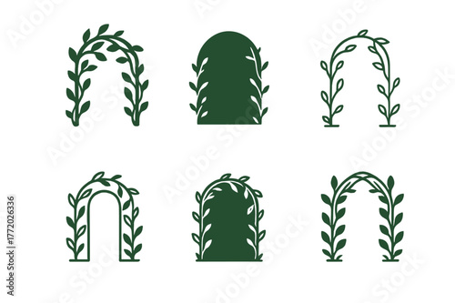 Enchanted Doorway Logos. Enchanted doorway. Set Logo of Enchanted doorway: vine-wrapped arch. harmonious logo variations of the same emblematic concept, each