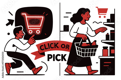 Cart vs Aisle. Shopping Habits ? Online Cart vs Aisle. Split scene: left shows a glowing cart icon; right shows a calm aisle with a basket. Ribbon text ?click