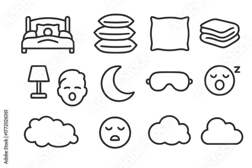 Cozy Sleep Icons. Soft, Fluffy Pillows Surrounding Someone in Bed. Line icon set of Soft, Fluffy Pillows Surrounding Someone in Bed: bed frame, headboard,