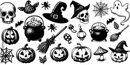 Haunted Harvest: Icons of Halloween, A hand-drawn Halloween collage with ghosts in hats, mushrooms, and swirling steam