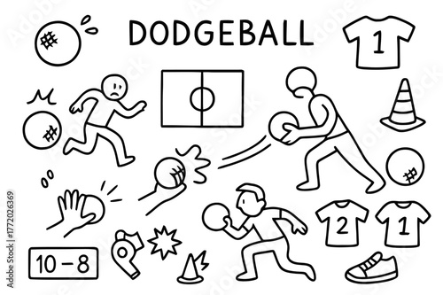Dodgeball Doodle Illustration. Dodgeball. Hand-drawn doodle illustration dodgeball soft balls, players dodging, court lines, center circle, hands catching,