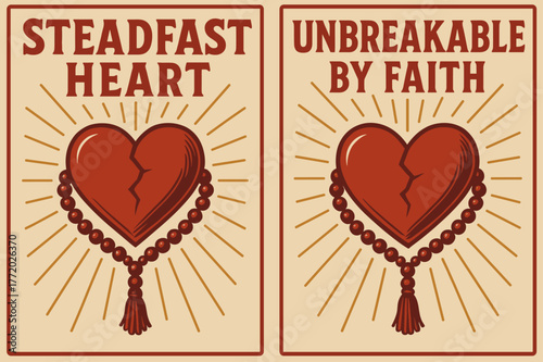 Steadfast Heart Banners. Unbreakable Heart. Two vertical A6 banners with safe margins, centered composition, no elements touching edges, retro, red and beige,