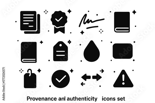 Provenance Icons Grid. Provenance and authenticity. Solid icons set of Provenance and authenticity: provenance document, certificate seal, artist signature,