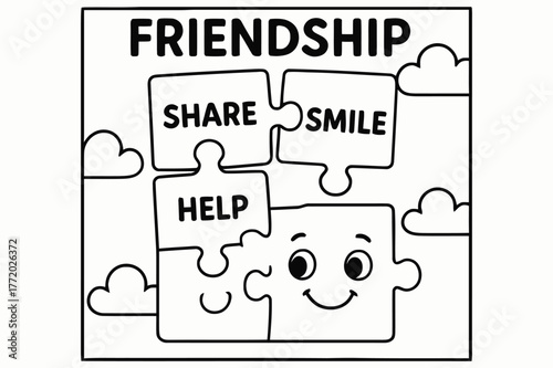 Friendship Puzzle Coloring Page. Friendship puzzle children?s coloring book illustration, outlined drawing, cartoon puzzle pieces labeled ?share,? ?help,? and