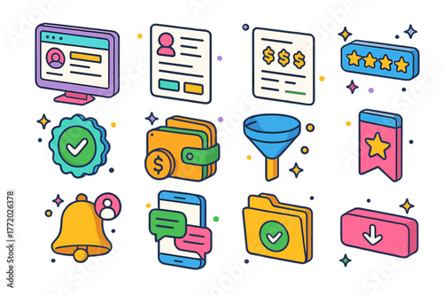 Colorful Freelance Icons. Freelance marketplaces. Colorful isometric vector icons set of Freelance marketplaces: platform homepage, job posting card, bid