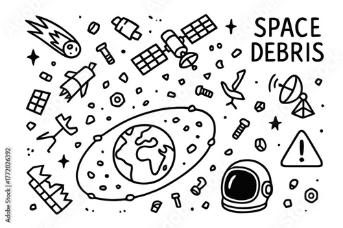 Space Debris Doodle. Space debris. Hand-drawn doodle illustration space debris satellite, rocket fragment, broken antenna, orbit path, Earth, space junk