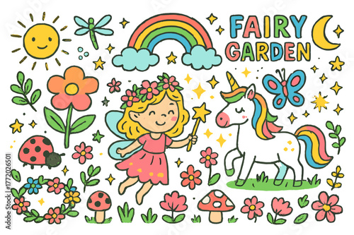 Fairyland Magic Doodles. Fairy garden, Colorful Hand-drawn doodle Children illustration Fairy garden and magical creatures. Fairy, flower, butterfly, rainbow,