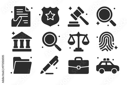 Legal Icon Set. Warrant Execution. Solid icons set of Warrant Execution: hand holding document, police badge, gavel, handcuffs, courthouse, magnifying glass,