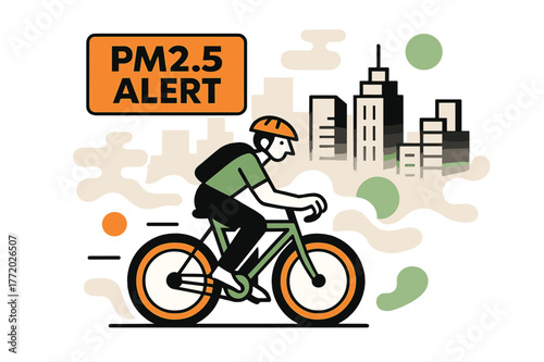 Urban Smog Alert. Air pollution ? Urban smog skyline. High-rises fade into a hazy gradient; a cyclist moves through soft plume lines. A floating label reads