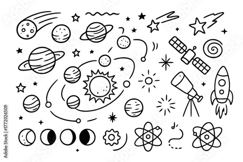 Cosmic Doodle Art. Planets and cosmic motion. Hand-drawn doodle illustration Planets and cosmic motion orbit lines, planet rings, sun, comet, shooting star,