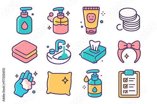 Colorful Skincare Icons. Skincare hygiene. Colorful isometric vector icons set of Skincare hygiene: face cleanser bottle, foaming soap, gentle exfoliating