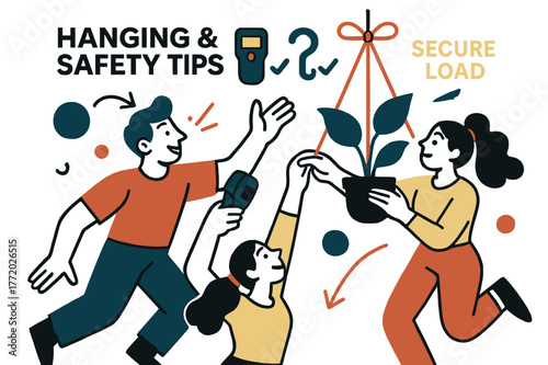 Secure Hanging Tips. Hanging & safety tips. A stud finder, ceiling hook, and S-hook align with checkmarks; ?Secure load? glows beside a plant silhouette. A