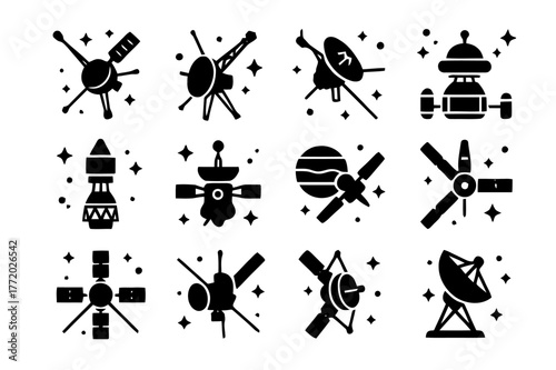 Jupiter Exploration Icons. Jupiter exploration missions. Solid icons set of Jupiter exploration missions: Pioneer , Pioneer , Voyager , Voyager , Galileo