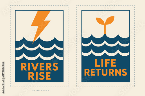 Rivers Rise, Life Returns. Flood & Renewal. Two vertical A6 banners with safe margins, centered composition, no elements touching edges, geometric, sapphire