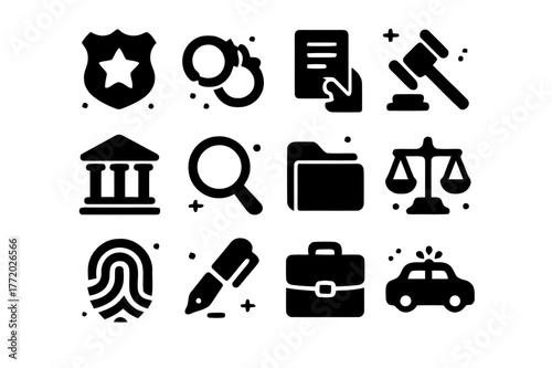 Arrest Procedure Icons. Arrest Procedure. Solid icons set of Arrest Procedure: police badge, handcuffs, hand holding document, gavel, courthouse, magnifying