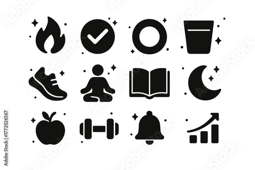 Habit Tracker Icons. Habit Tracking Reminders. Solid icons set of Habit Tracking Reminders: streak flame, daily check, habit ring, water glass, steps shoe,