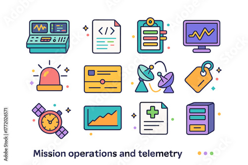 Mission Telemetry Icons. Mission operations and telemetry. Colorful isometric vector icons set of Mission operations and telemetry: mission control consoles,