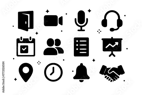 Meeting Icons Grid. Meeting Reminders. Solid icons set of Meeting Reminders: meeting room door, video camera, microphone, headset, calendar invite, participant