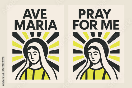 Ave Maria Banners. Ave Maria. Two vertical A6 banners with safe margins, centered composition, no elements touching edges, bauhaus, charcoal and neon yellow,