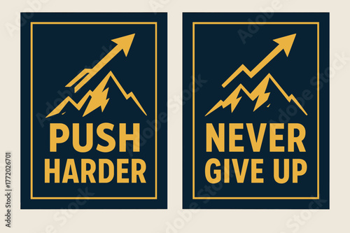Motivational Banners Design. Push harder. Two vertical A6 banners with safe margins, centered composition, no elements touching edges, bold, navy and gold,