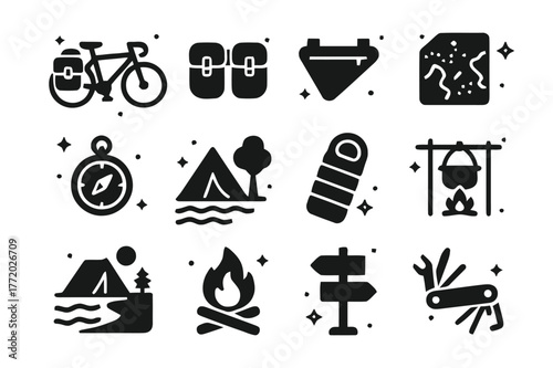 Coastal Bike Adventure Icons. Scenic bike touring by the sea. Solid icons set of Scenic bike touring by the sea: touring bike, pannier bags, frame bag, map,